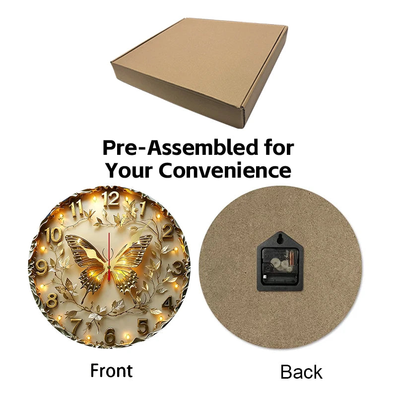 Horloge Mural Ronde Bois Papillon Doré Silencieuse Déco