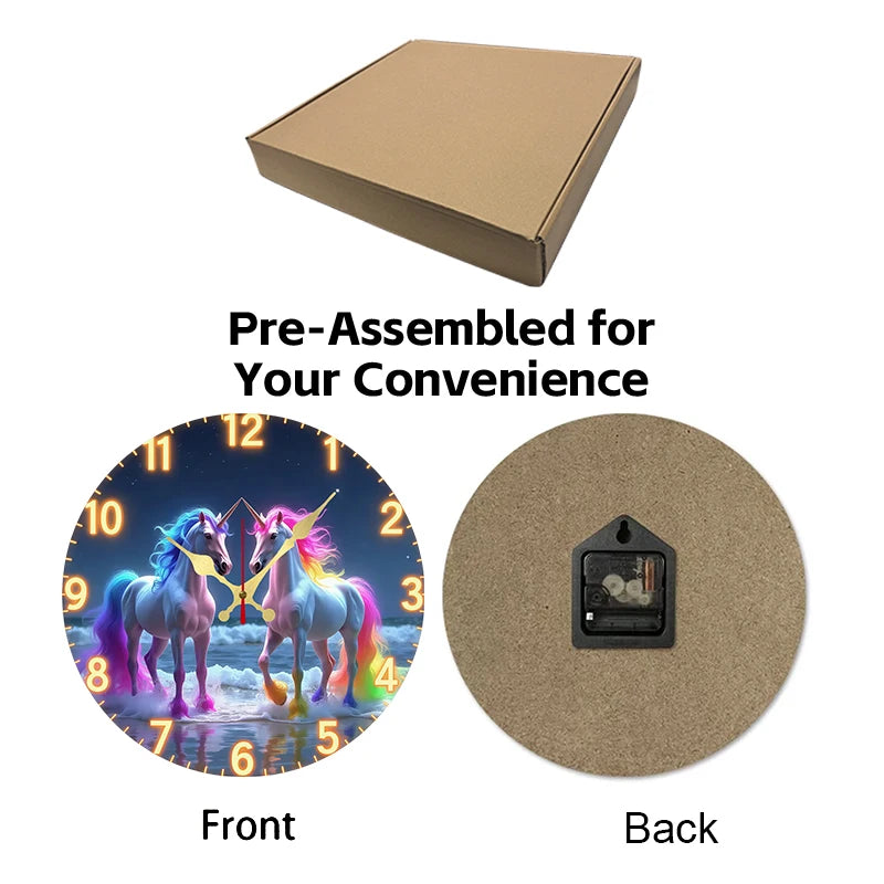 Horloge Mural Licorne Arc-en-ciel Silencieuse Bois Rond