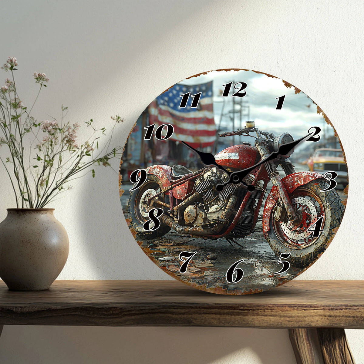 Horloge Murale Vintage Moto Rouge Style Americana Garage