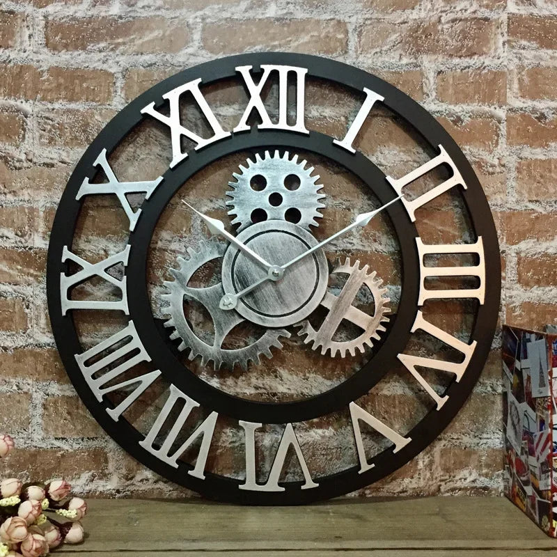 Horloge Mural Bois Engrenages Rétro 3D Silencieuse