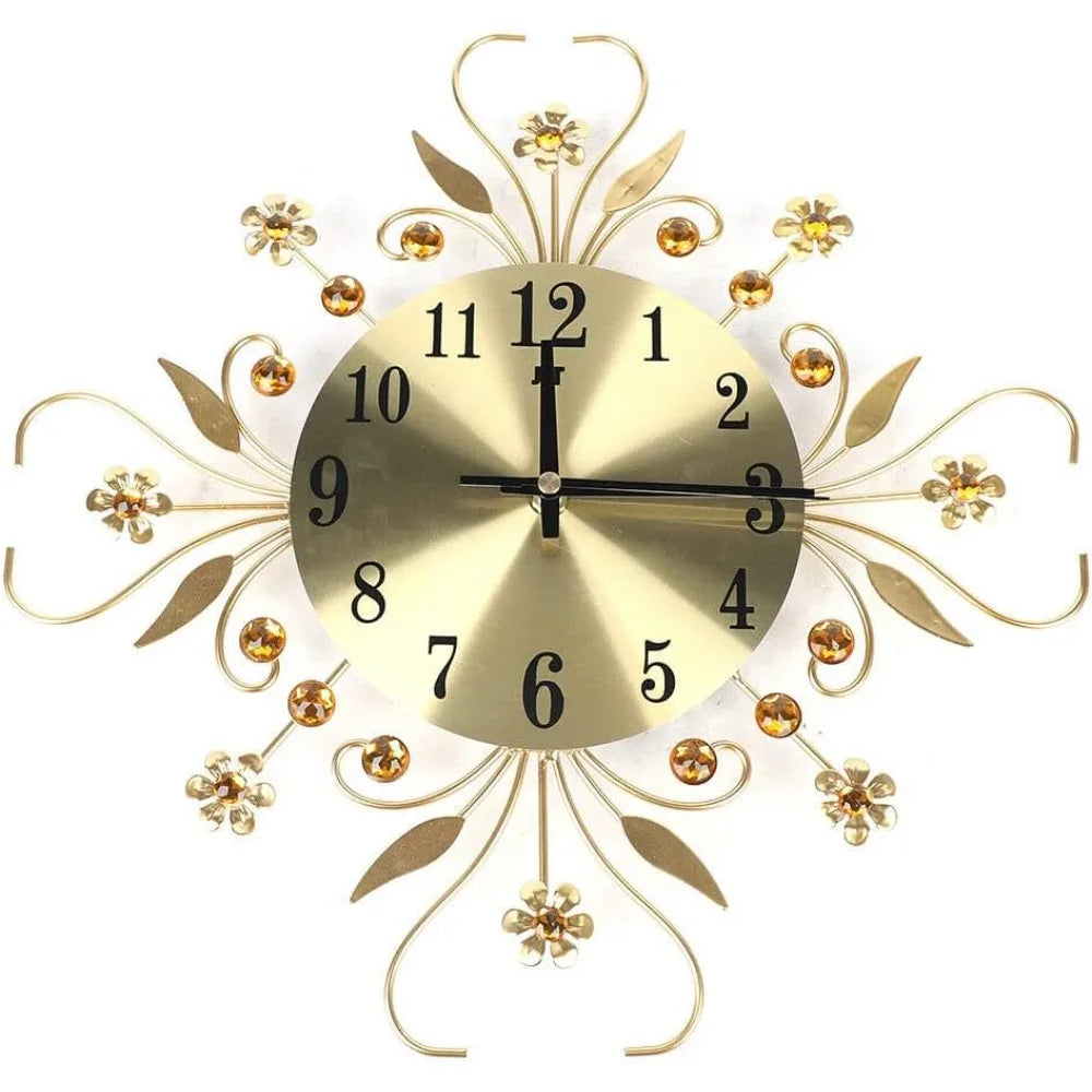 Horloge Mural 3D Fleur Diamant Or Métal Moderne