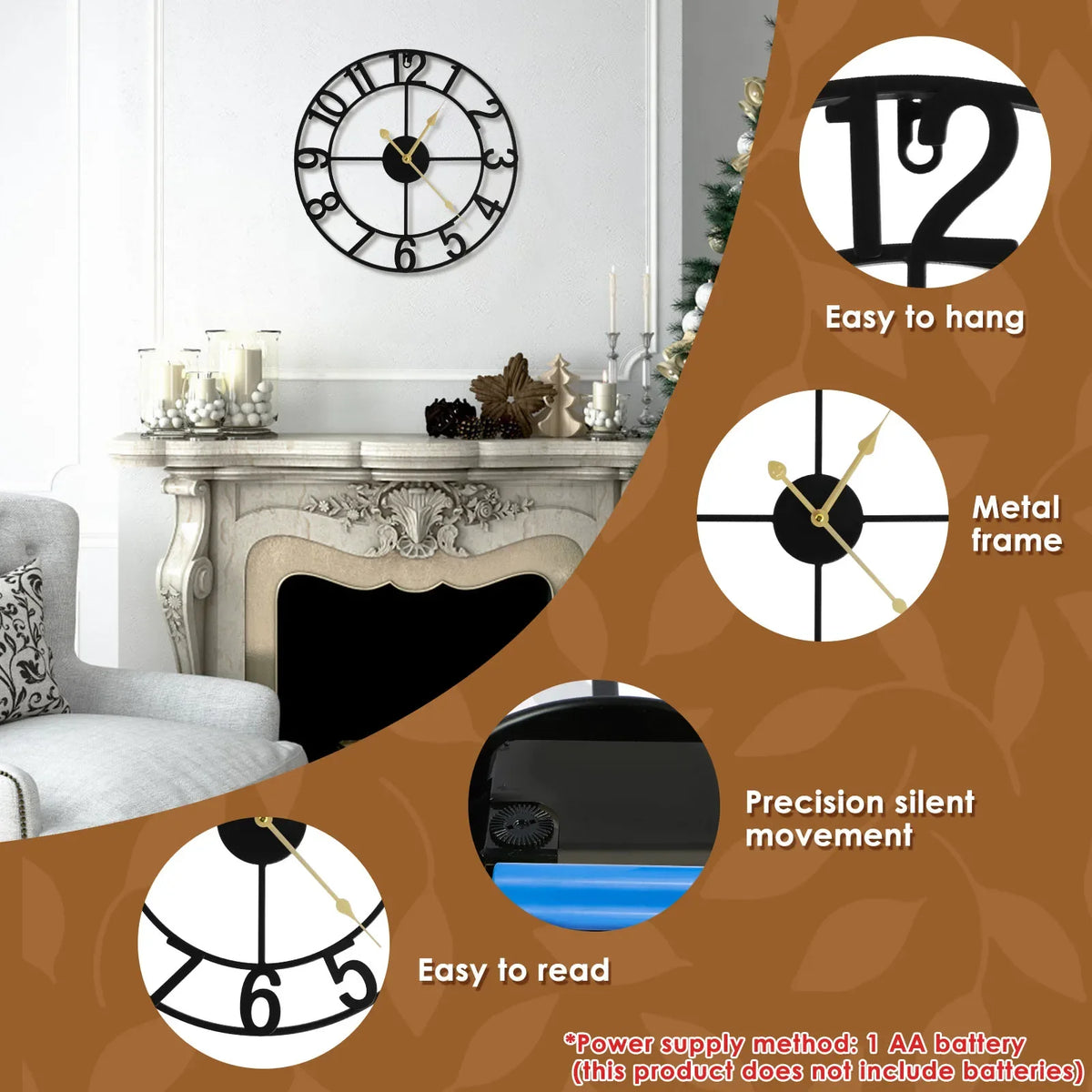 Horloge Mural Vintage Rustique Fer Silencieuse Décorative