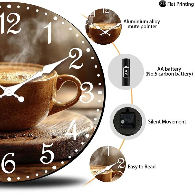 Horloge Mural Silencieuse Bois Tasse Café Vapeur