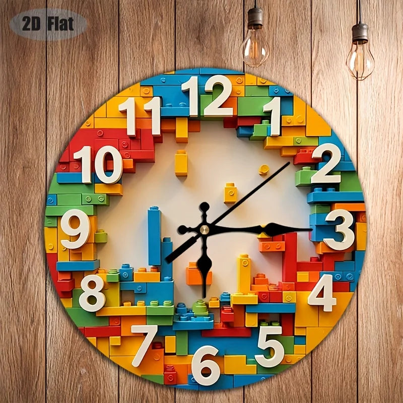 Horloge Mural Silencieuse Ronde Blocs de Construction Colorés
