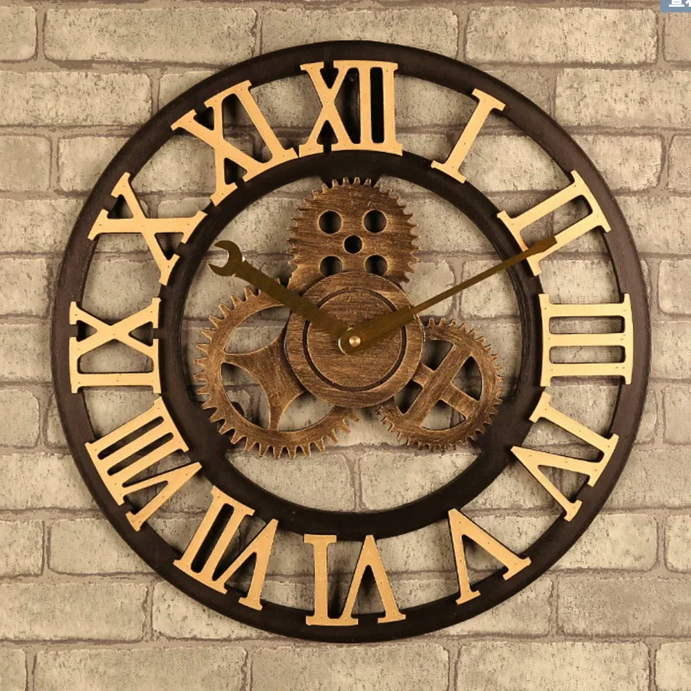 Horloge Mural Grande Engrenage Bois Vintage Silencieuse
