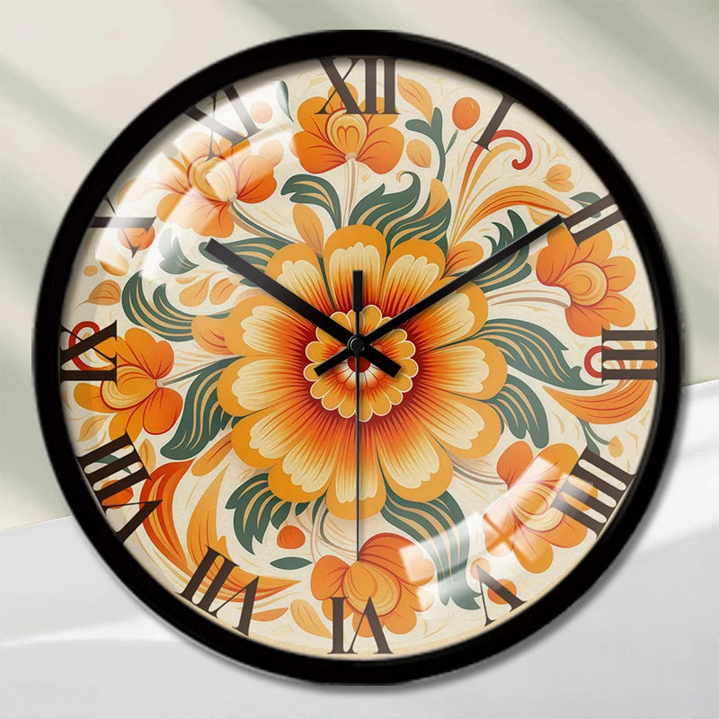 Horloge Murale Vintage Orange Florale Silencieuse Chambre Enfant