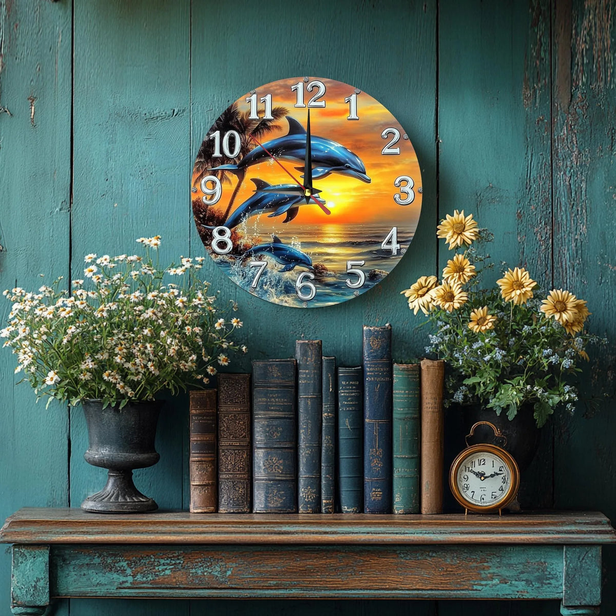 Horloge Mural Bois Dauphin Coucher de Soleil Décoration