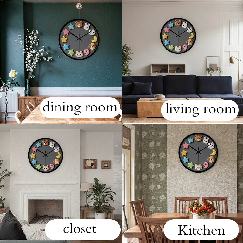 Horloge Mural Animaux Mignons Silencieuse Chambre Enfant Cadeau