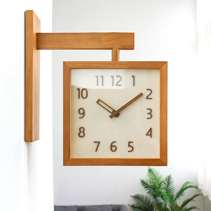 Horloge Murale Bois Massif Double Face Silencieuse D'angle