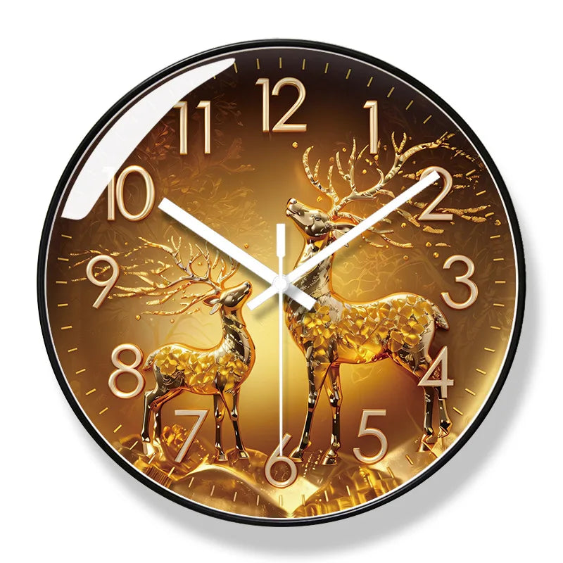 Horloge Mural Cerf Doré Bleu Silencieuse Quartz