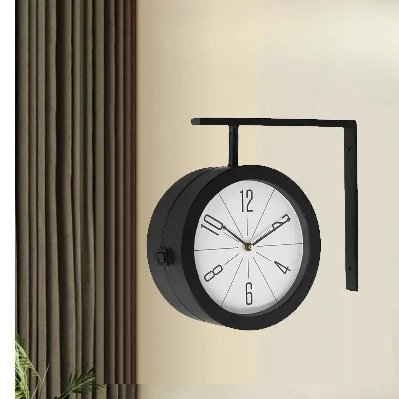 Horloge Mural Double-Face Fer Forgé Nordique Salon Silencieuse