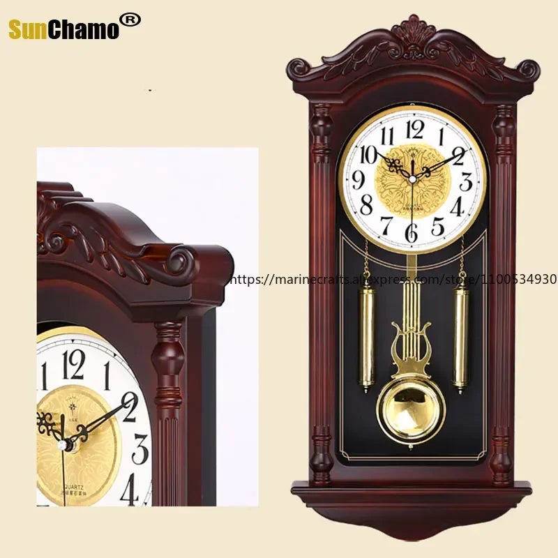 Horloge Mural Vintage Bois Silencieuse Salon Luxe