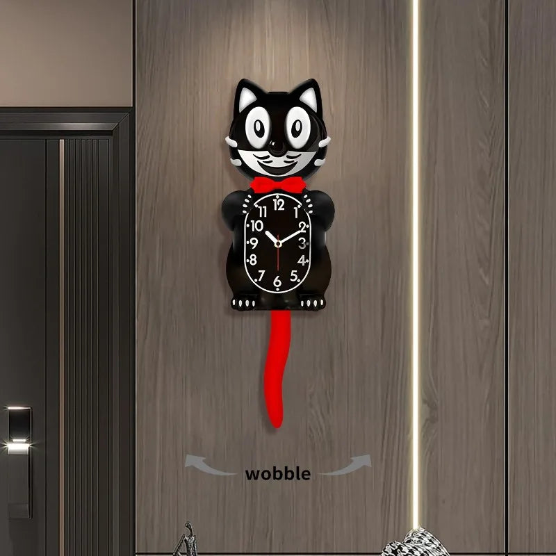 Horloge Mural Chat Noir Silencieuse Queue Balancier