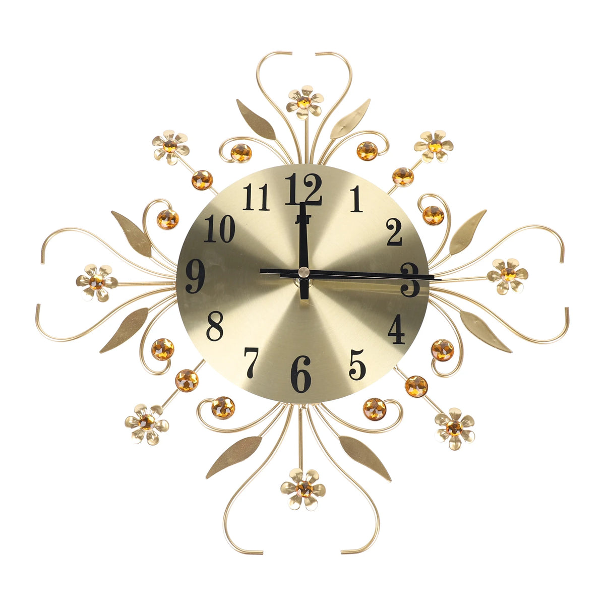 Horloge Mural Or Métal Strass Fleur Déco Salon