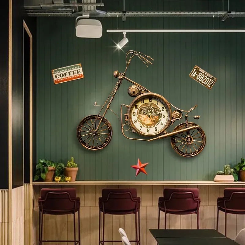Horloge Mural Grande Moto Fer Rétro Sculpture