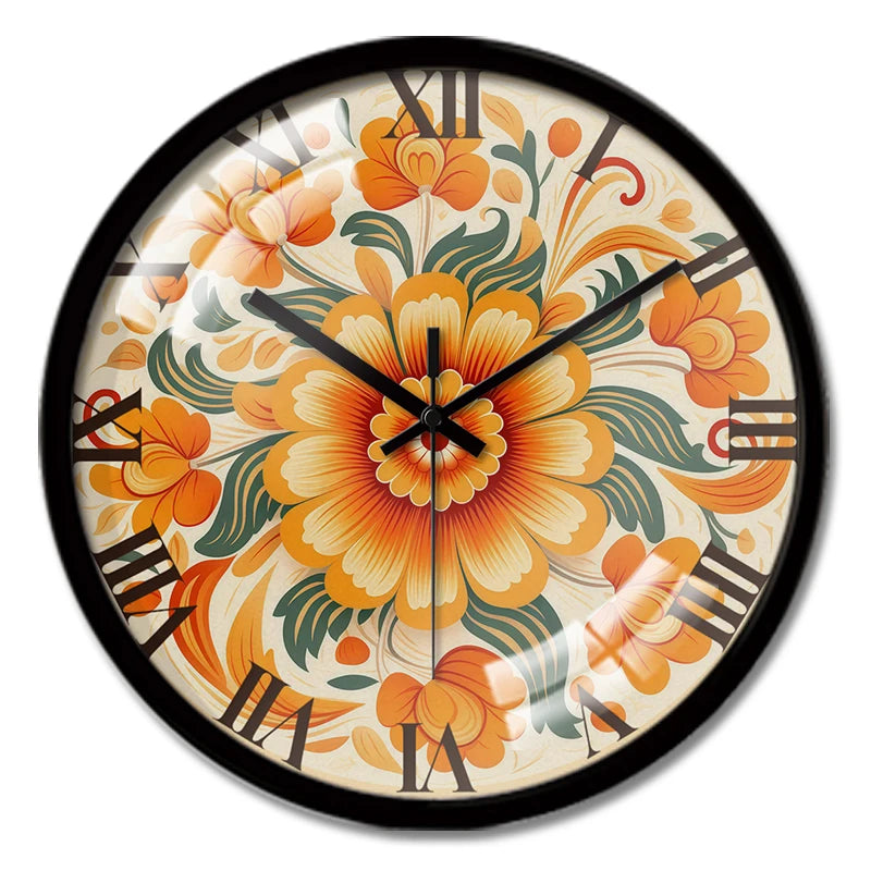 Horloge Murale Vintage Orange Florale Silencieuse Chambre Enfant