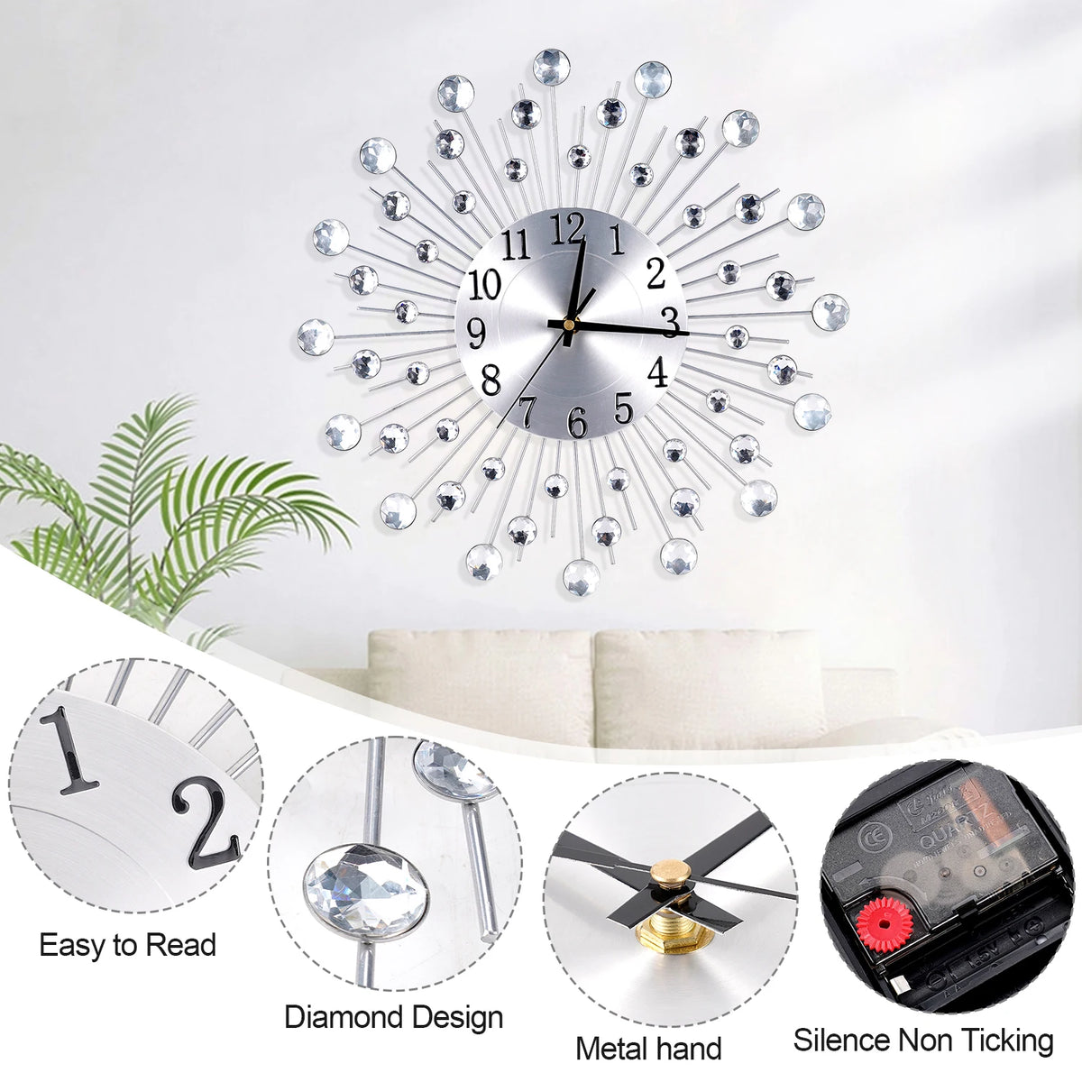 Horloge Murale Argentée Solaire Diamant Déco Européenne
