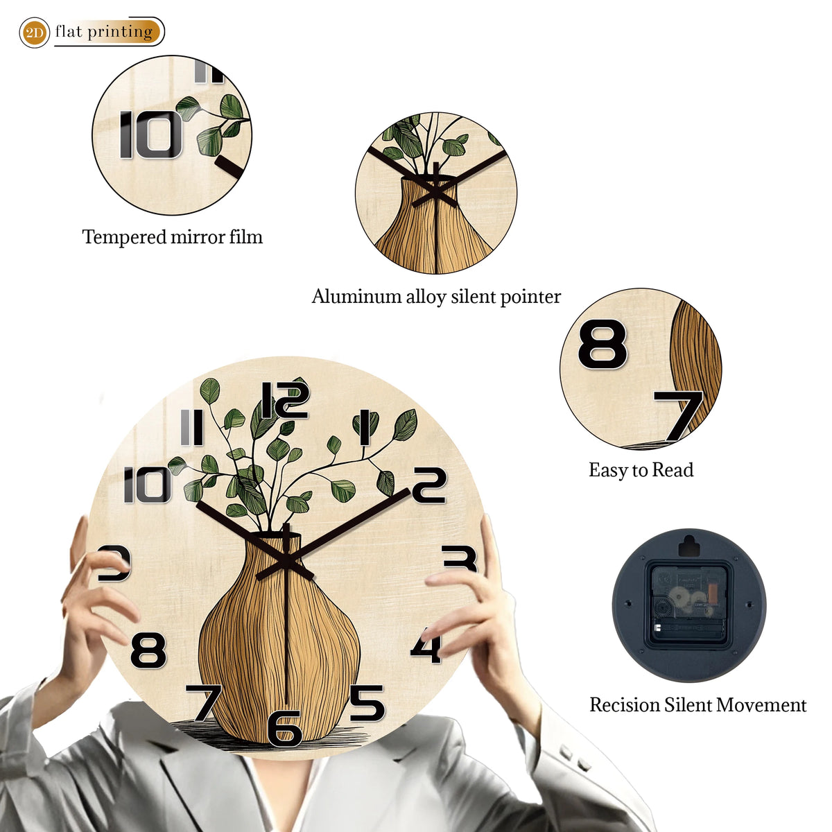 Horloge Mural Botanique Plante Verte Vase Bois Décorative
