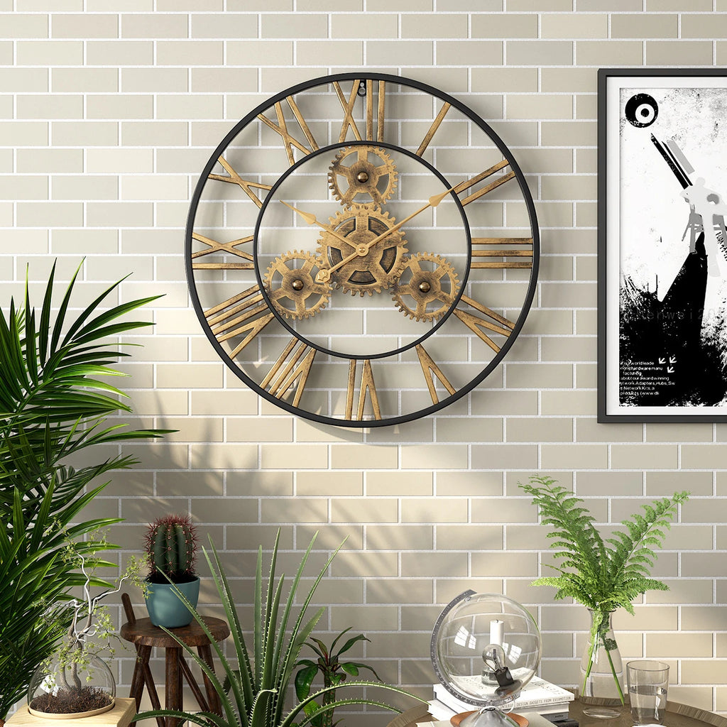 Horloge Murale Industrielle Rétro 3D Silencieuse Chiffres Romains