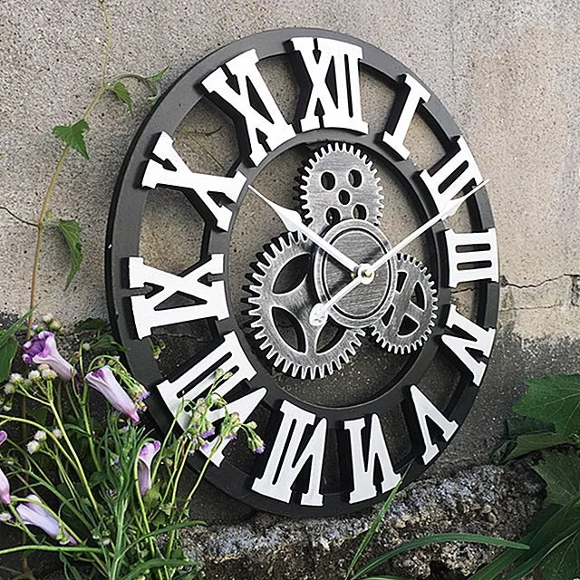 Horloge Mural Vintage Industrielle Engrenage Bois Silencieuse