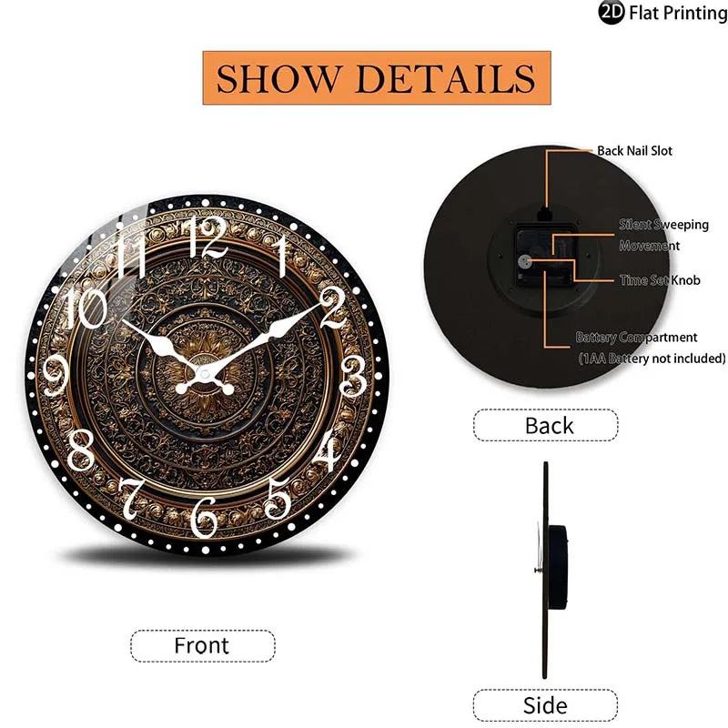 Horloge Murale Bois Silencieuse Or Quartz Motifs Détaillés
