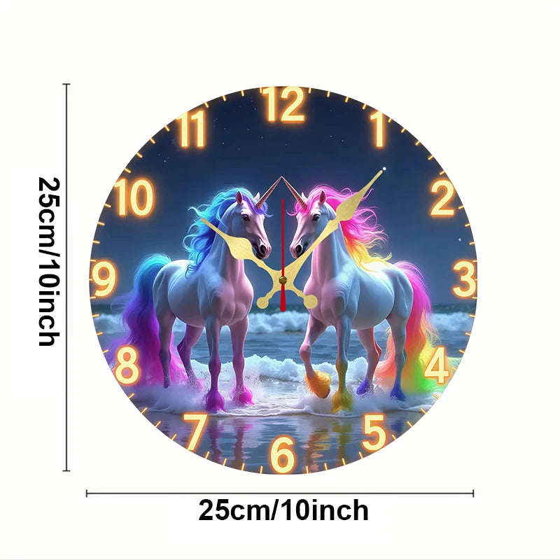 Horloge Mural Licorne Arc-en-ciel Silencieuse Bois Rond