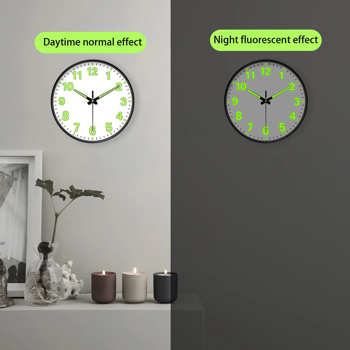 Horloge Mural Lumineuse Silencieuse Minimaliste Aiguilles Vertes