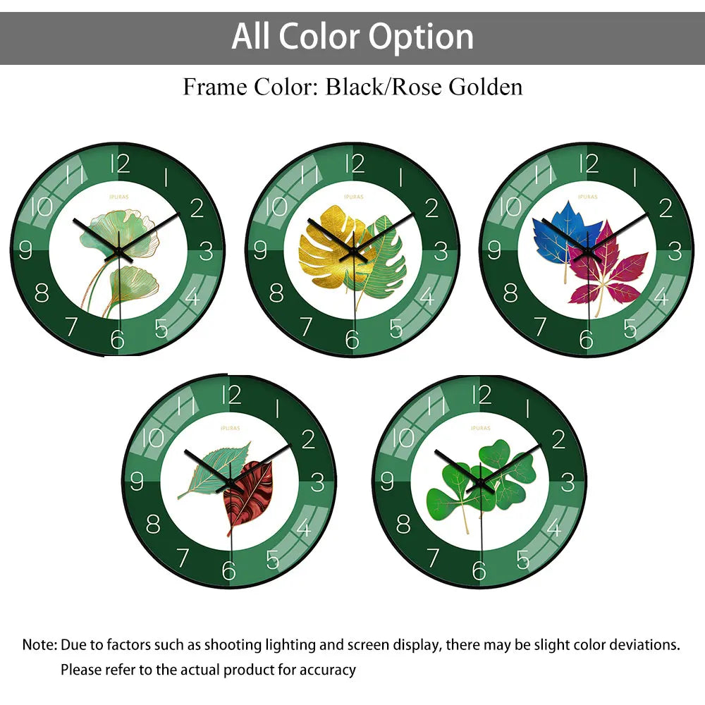 Horloge Mural Ronde Feuilles Vertes Moderne Silencieuse