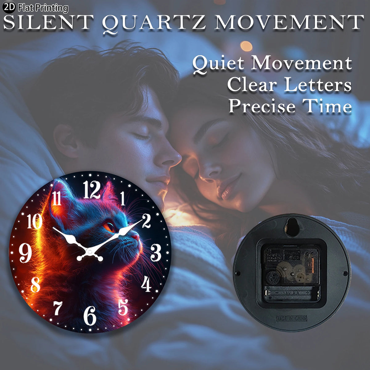 Horloge Murale Bois Silencieuse Chat Néon Lumineux