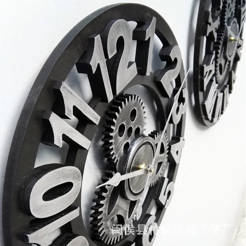 Horloge Mural Vintage Industrielle Engrenage Bois Silencieuse