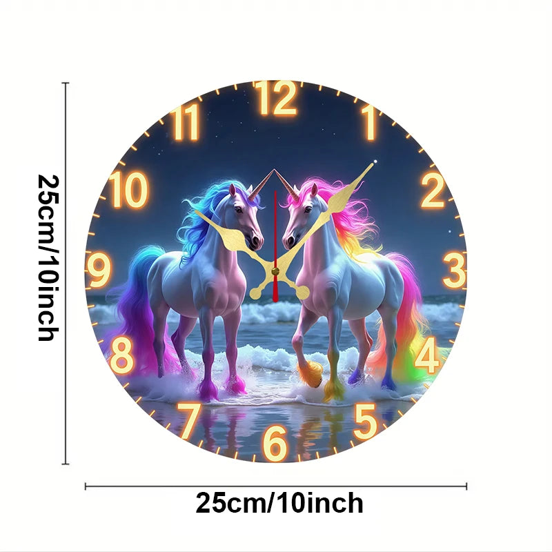 Horloge Mural Licorne Arc-en-ciel Silencieuse Bois Rond