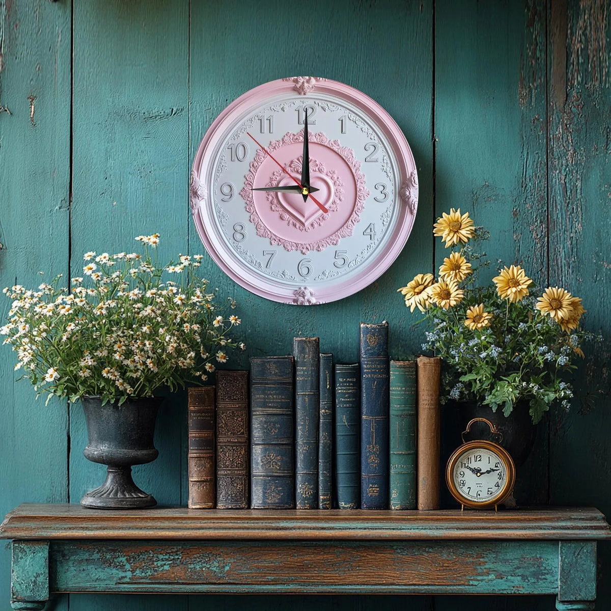 Horloge Mural Bois Rose Cœur Déco Murale
