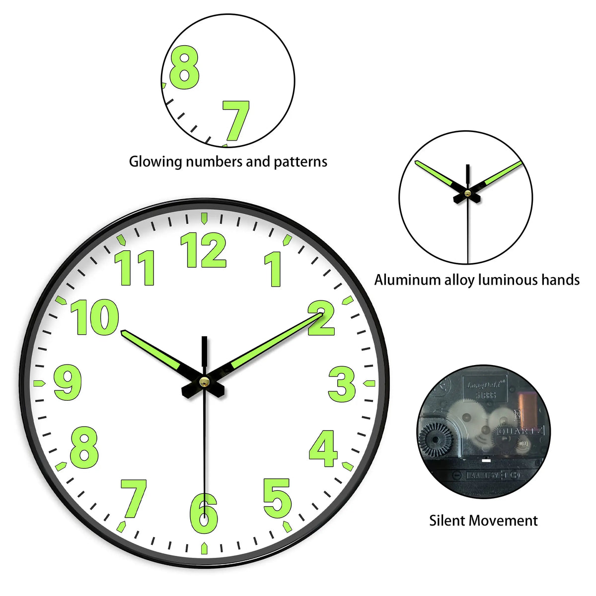 Horloge Murale Lumineuse Verte Silencieuse Minimaliste