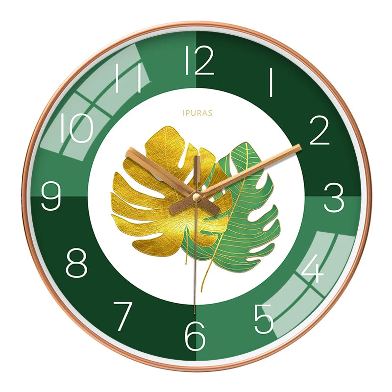 Horloge Mural Moderne Feuilles Vertes Silencieuse Salon Chambre
