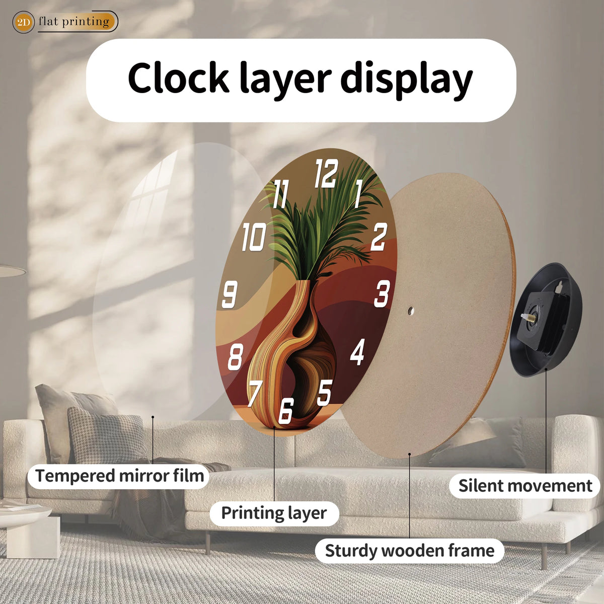 Horloge Murale Vase Torsadé Plante Verte Moderne Silencieuse