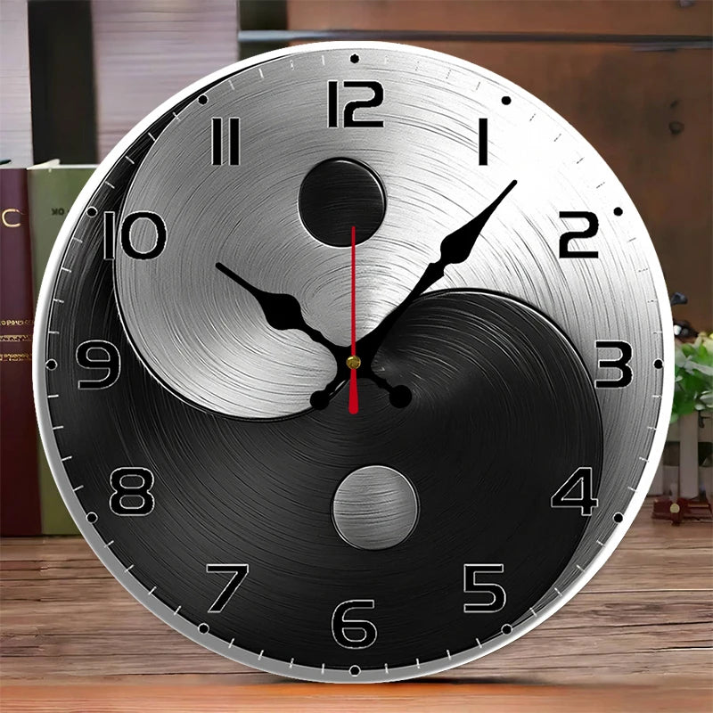 Horloge Mural Ronde Yin Yang Bois Métal Silencieuse Image