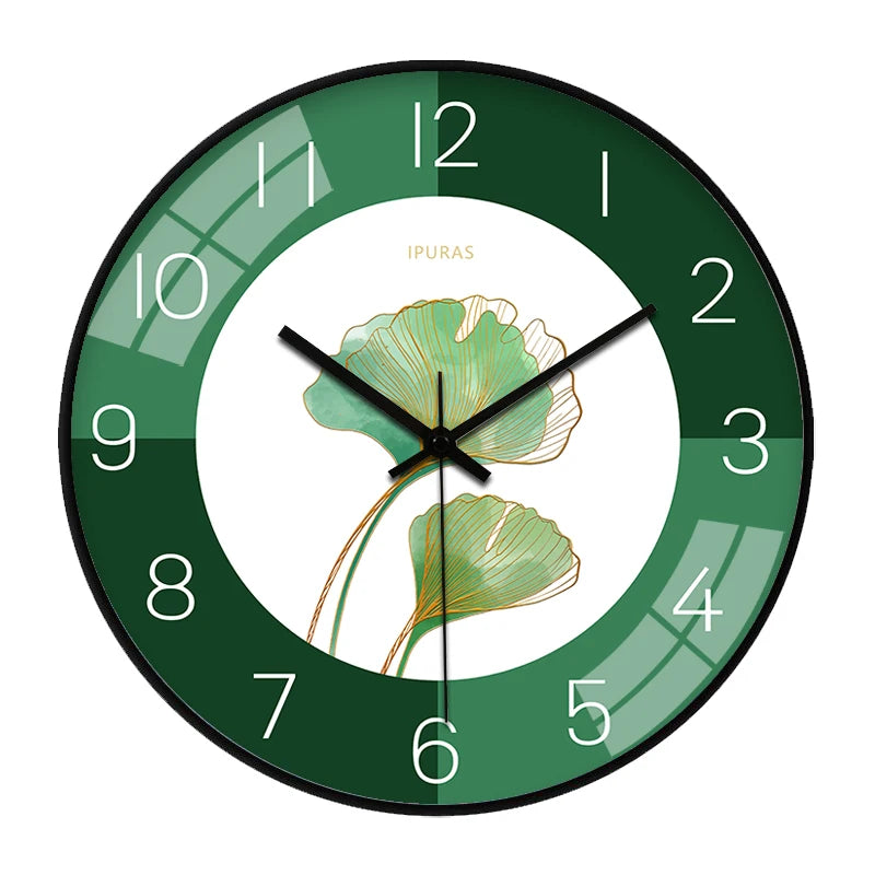 Horloge Mural Moderne Feuilles Vertes Silencieuse Salon Chambre