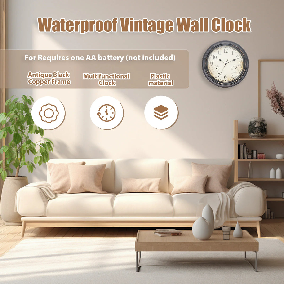 Horloge Murale Vintage Jardin Étanche Silencieuse Quartz