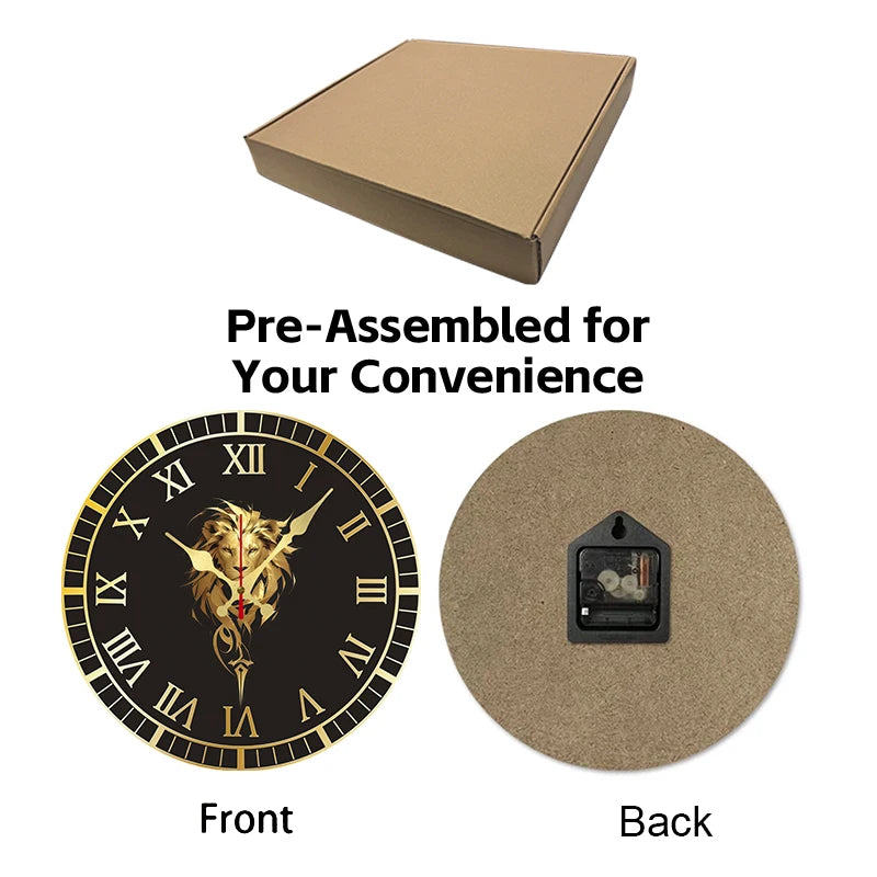 Horloge Mural Lion Doré Romain Bois Silencieuse