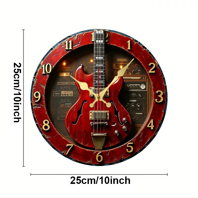 Horloge Mural Guitare Vintage Bois Créative Silencieuse Décor.