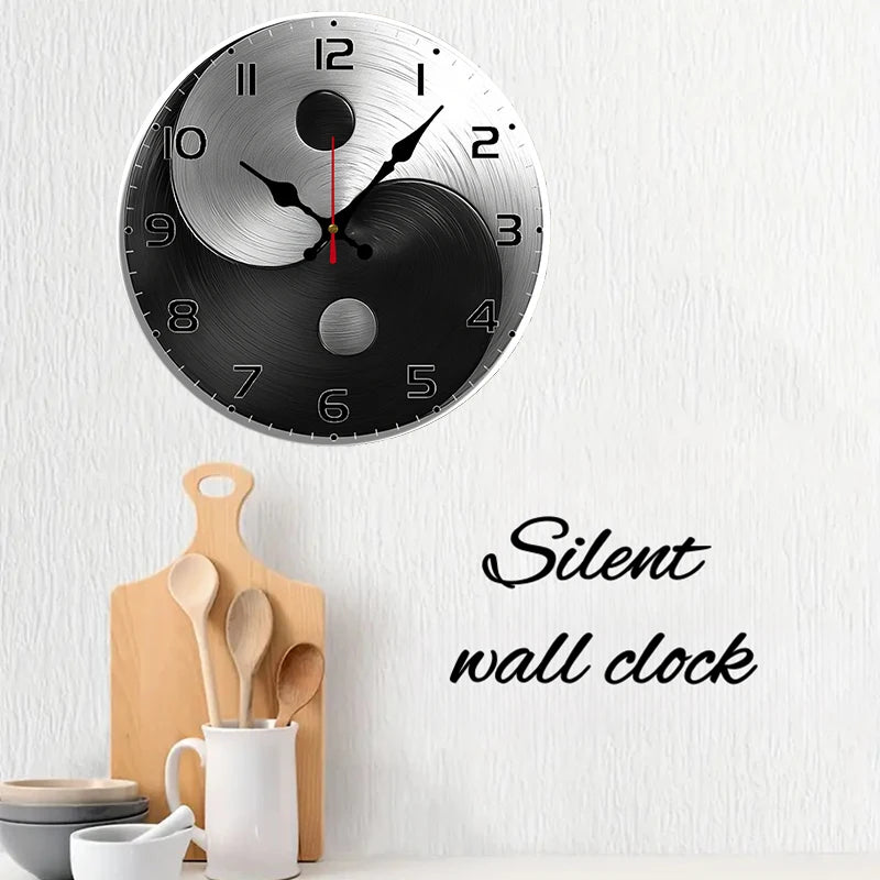 Horloge Mural Ronde Yin Yang Bois Métal Silencieuse