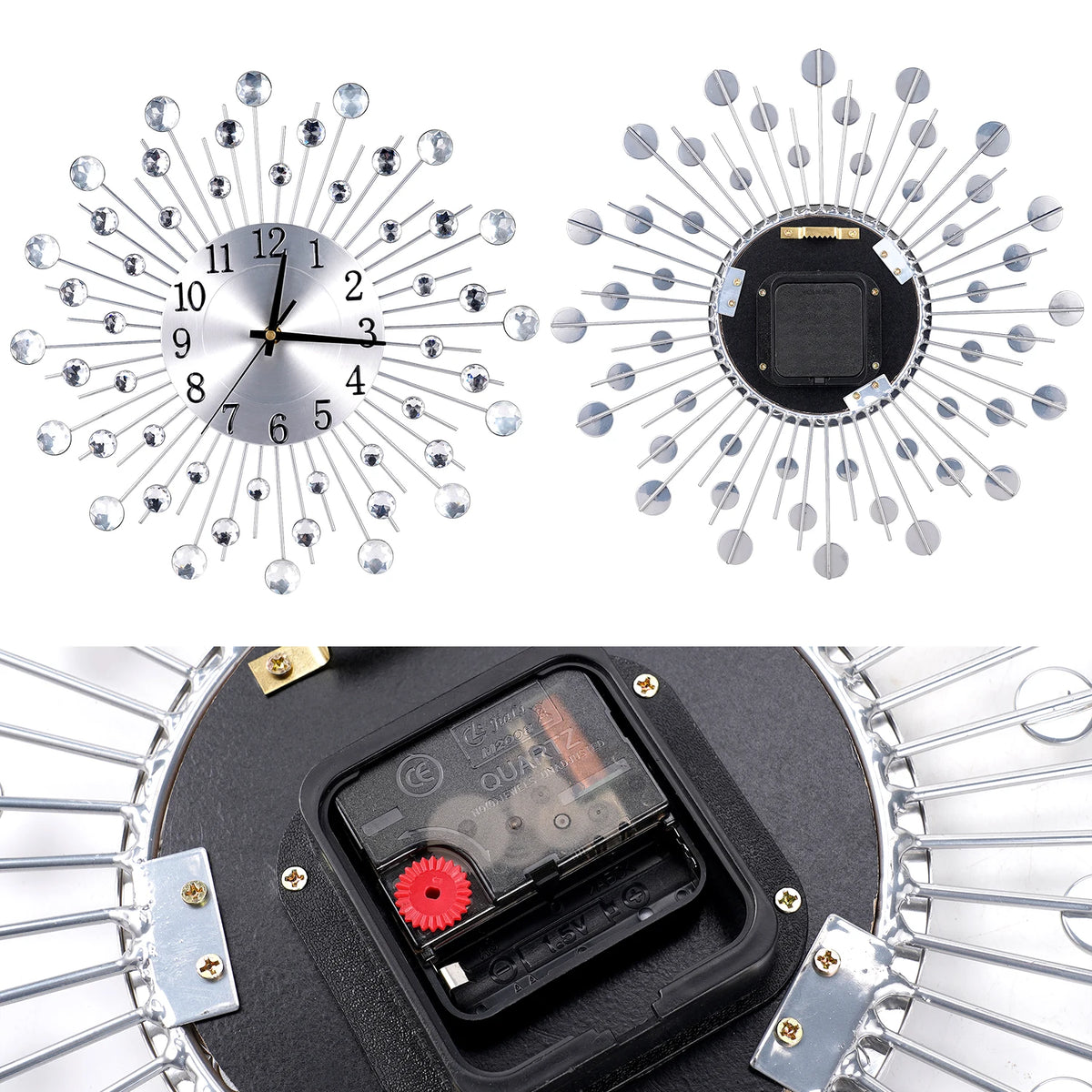 Horloge Murale Argentée Solaire Diamant Déco Européenne