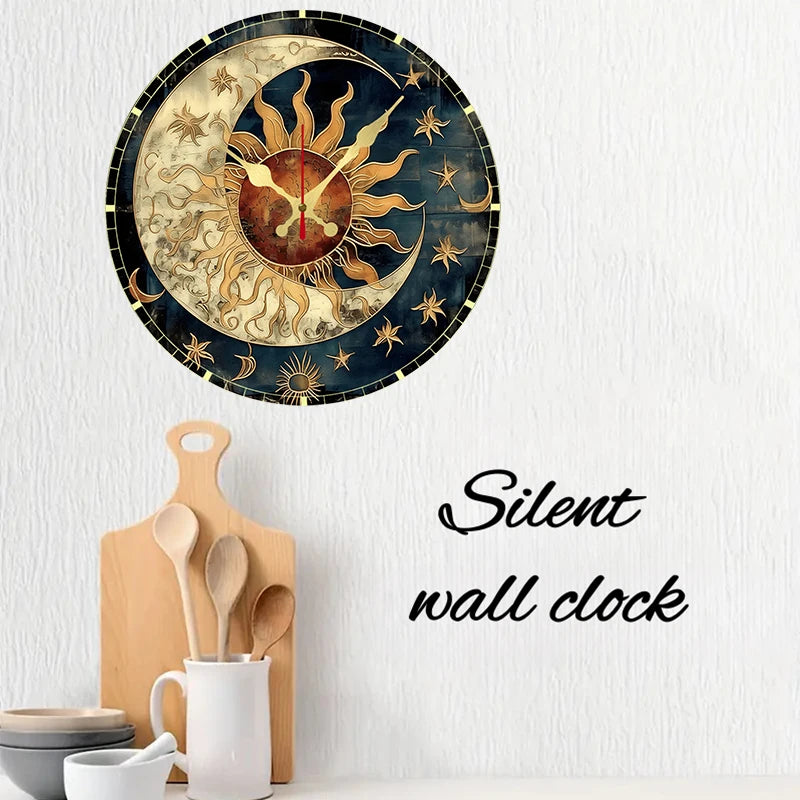 Horloge Mural Céleste Bois Soleil Lune Silencieuse Décoration