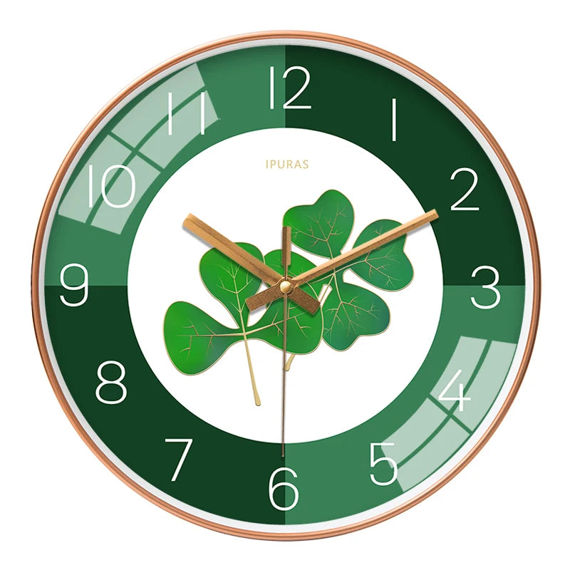 Horloge Mural Ronde Feuilles Vertes Moderne Silencieuse