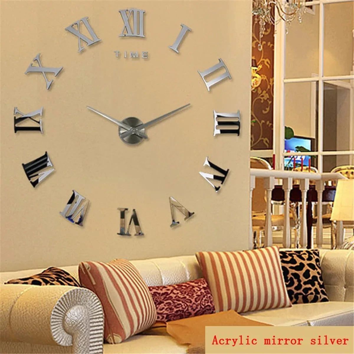 Horloge Murale 3D Géante Chiffres Romains Miroir Autocollante