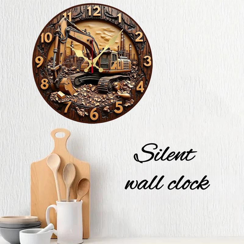 Horloge Mural Bois Excavatrice Industrielle Silencieuse Déco