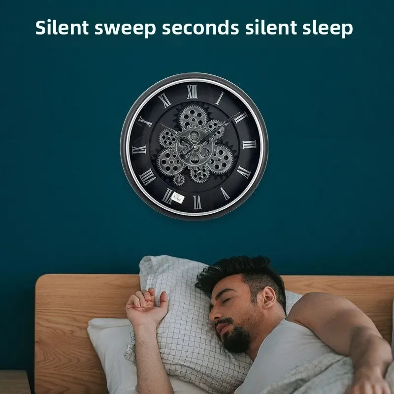 Horloge Mural Industrielle Rétro Engrenages Silencieuse Décoration.