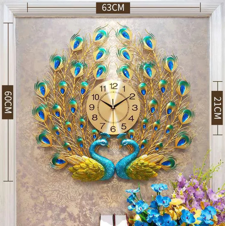 Horloge Murale Double Paon Coloré Luxe Salon Silencieuse