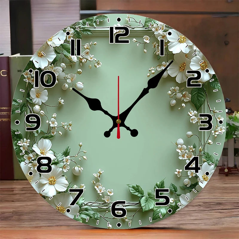 Horloge Mural Bois Ronde Couronne Verte Silencieuse Romantique