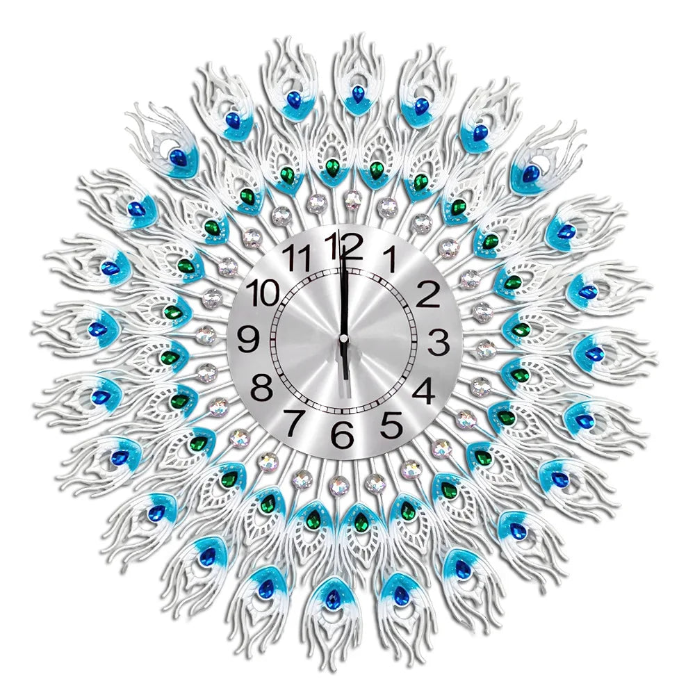 Horloge Mural Métal Luxe Paon Fleur Silencieux Quartz